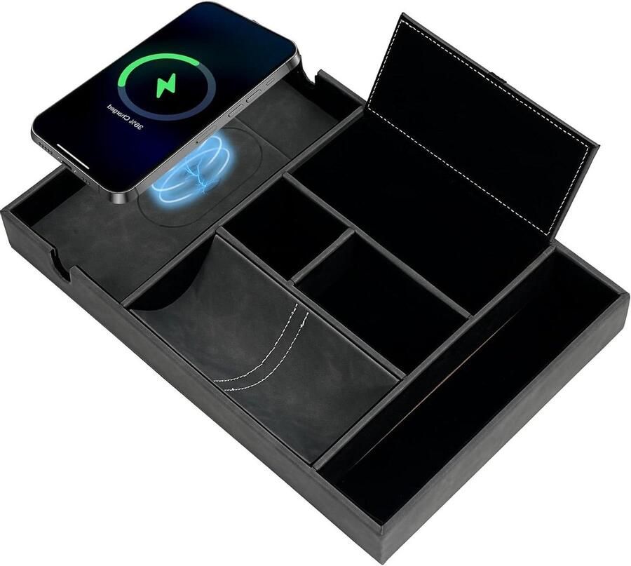 Draadloze oplaadlade bureau met meerdere compartimenten GrijsNachtkastjes organizerstation met oplader voor telefoon portemonnee sleutels bril horloge en meer Grijs