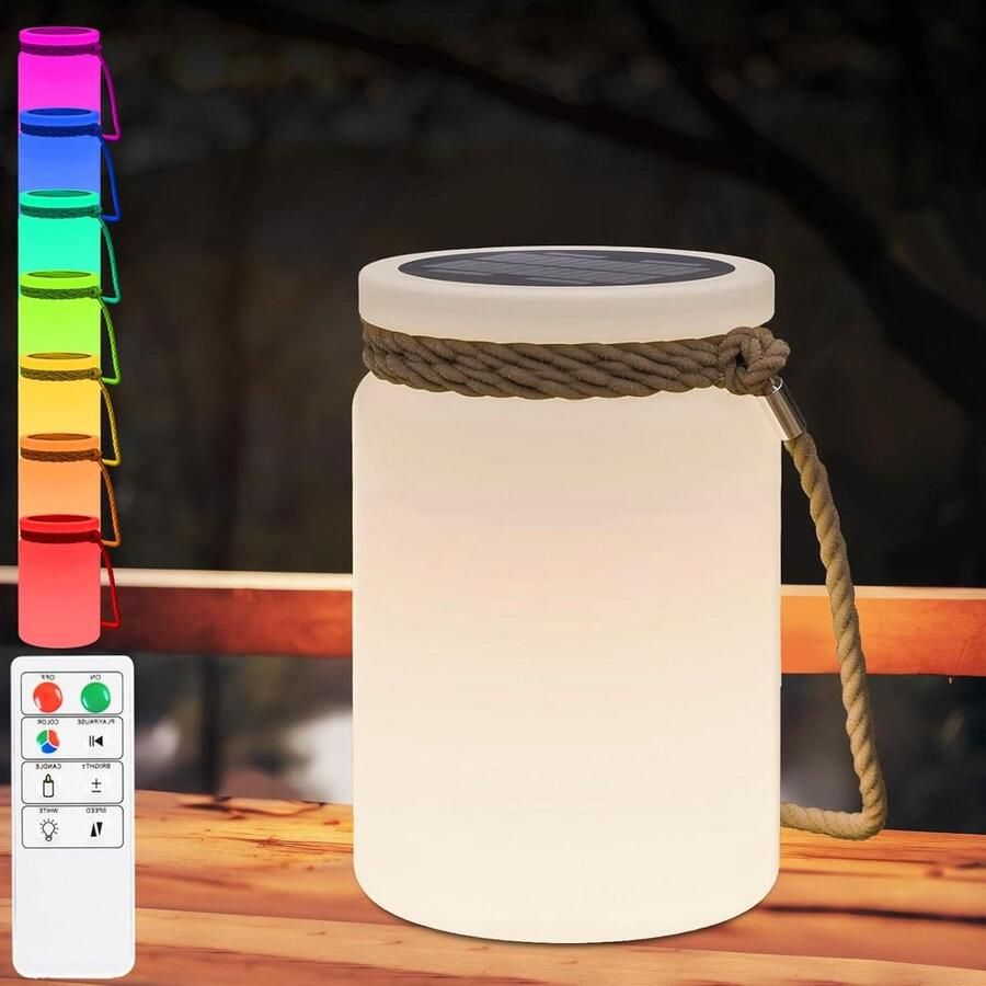 Draadloze outdoor tafellamp op zonne-energie met afstandsbediening dimbaar warm wit en RGB draagbare IP44 led-zonnelamp voor binnen buiten tuin terras camping 14 x 21 cm