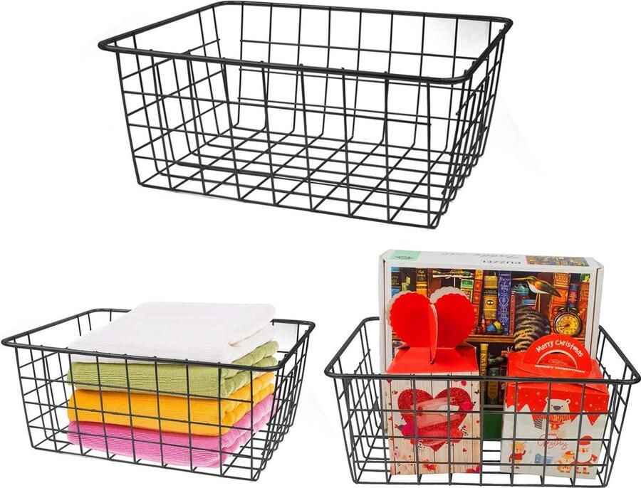 Draadmand 3 stuks opbergmand met handgrepen metalen mand universele mand universele roosterbox voor keuken badkamer voorraadkast 28 x 18 x 12 cm (zwart)