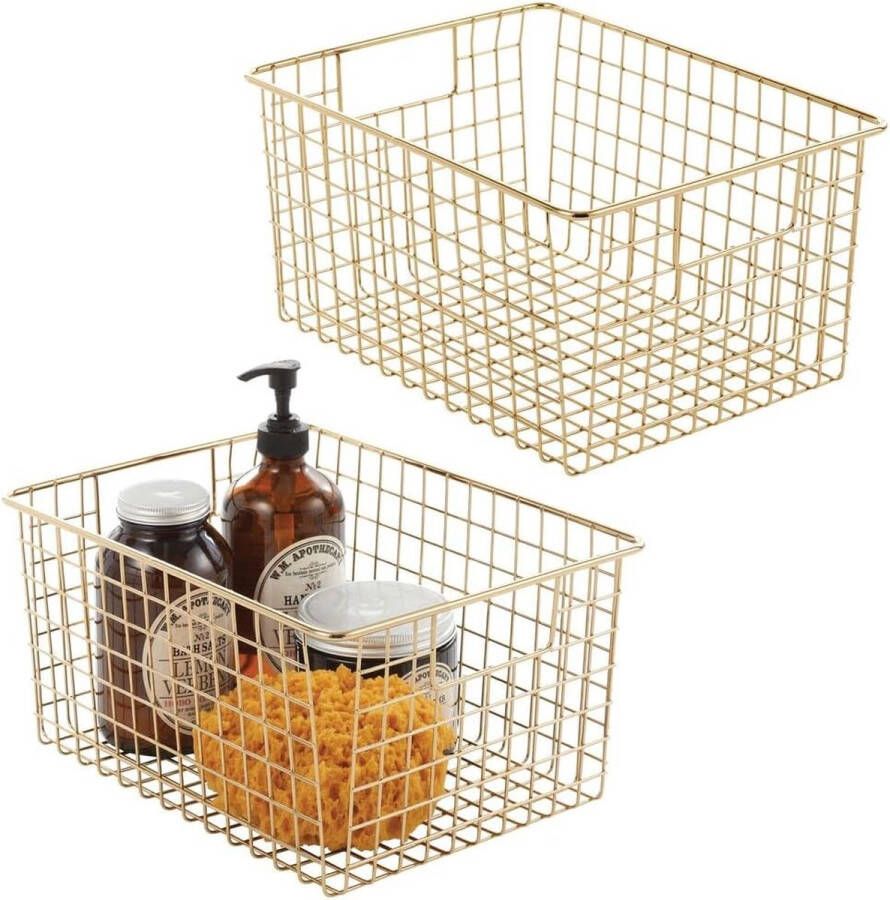 Draadmand voor badkameraccessoires Praktische roosterbox met metalen handgrepen voor toiletpapier of cosmetica Moderne badkamerplank voor badkameraccessoires Set van 2 Messing