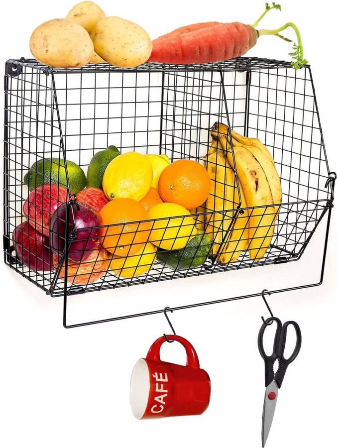 Draadmand zwart wandmand metaal groentemand fruitmand hangend met S-haken rek keuken wand badkamer organizer