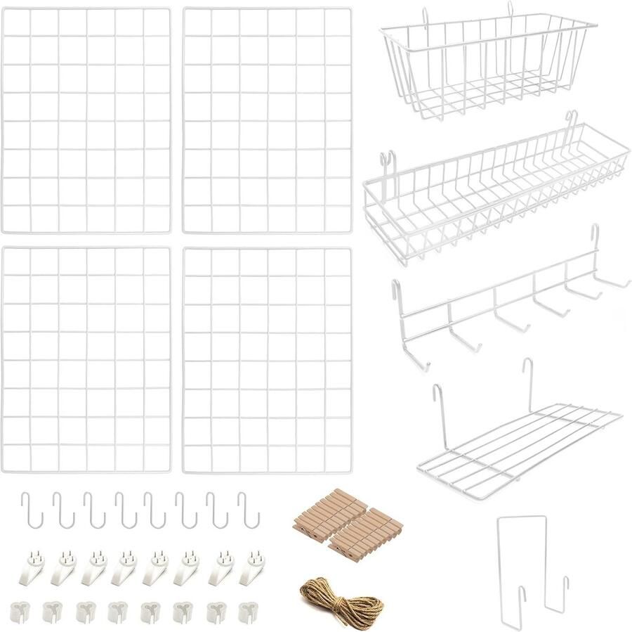 4 stuks draadwandrasterpaneel inclusief accessoires hangende manden brievensorteerder plank en haakrek Wire Notice Board huis kantoor keuken decor metaal wit