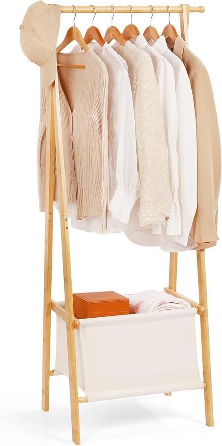 Draagbaar Bamboe Kledingrek met Opbergdoos Extra Groot en Opvouwbaar voor Slaapkamer en Entree
