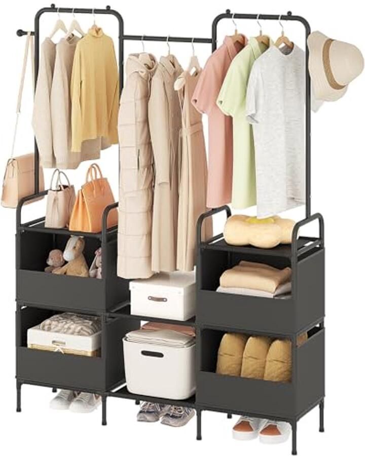 Draagbaar Kledingrek met 3 Stangen en Opbergplanken voor Slaapkamer en Woonkamer