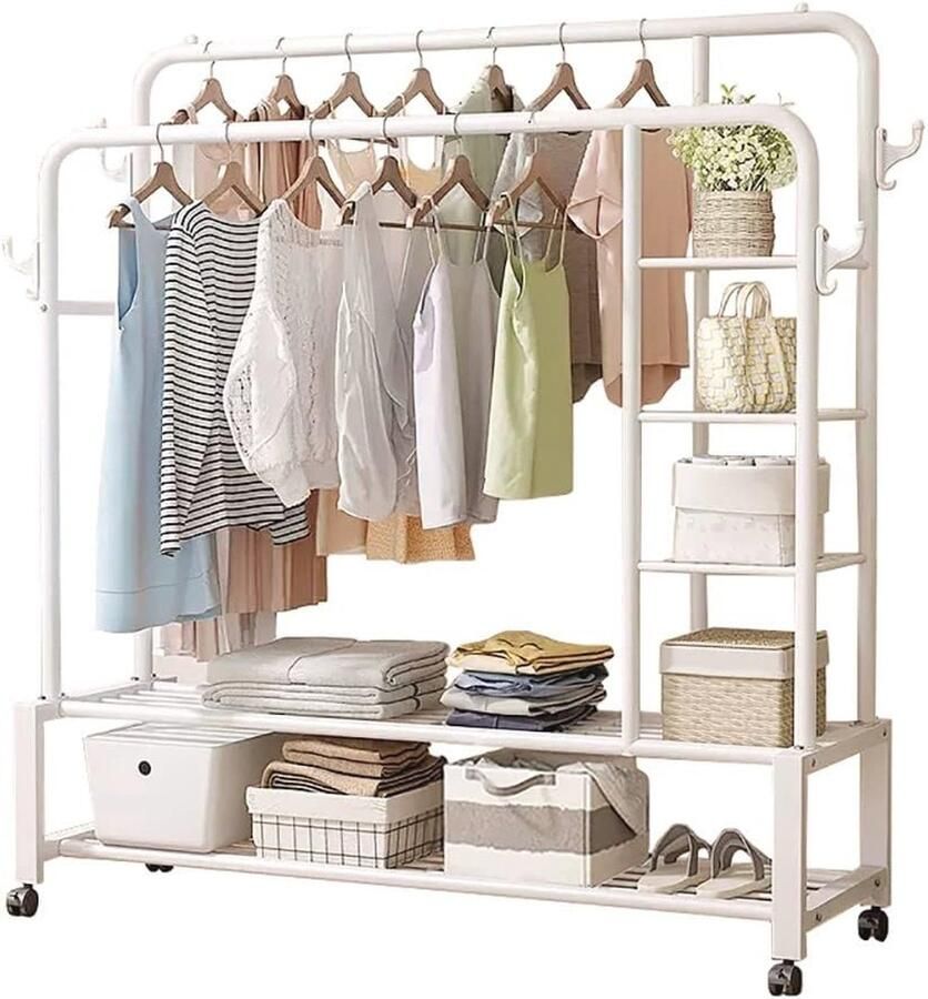 Draagbaar Kledingrek met Dubbele Stangen en Planken Vrijstaande Hanger voor Kleding en Accessoires (130x35x162 cm)