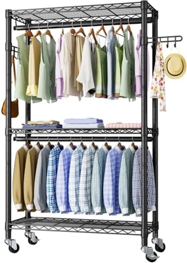 Draagbaar Kledingrek met Wielen en Verstelbare Planken voor Slaapkamer
