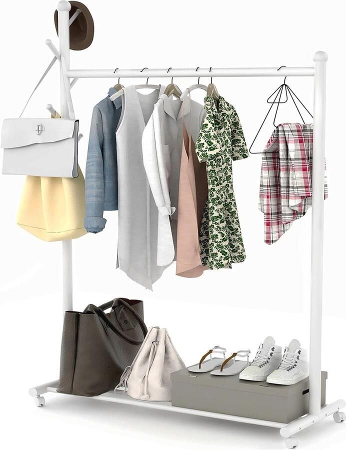 Draagbaar Kledingrek met Wielen Multifunctionele Kleding Organizer met Onderste Planken