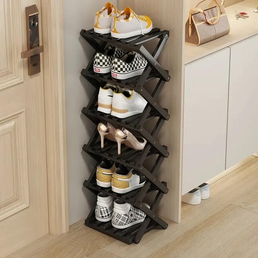 Draagbaar Opvouwbaar Schoenenrek – Smal Verticaal Schoenenrek zonder Montage – Stevig Bamboe Frame met Gouden Sluitingen – Compact & Ruimtebesparend