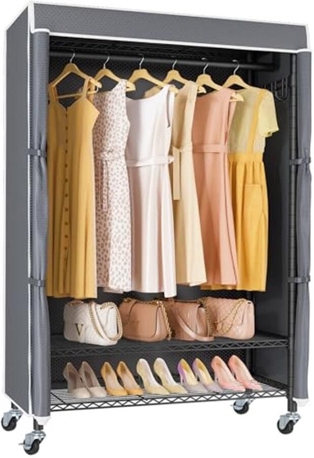Draagbaar vrijstaand kledingrek met hoes en wielen 3-laags heavy duty opbergoplossing