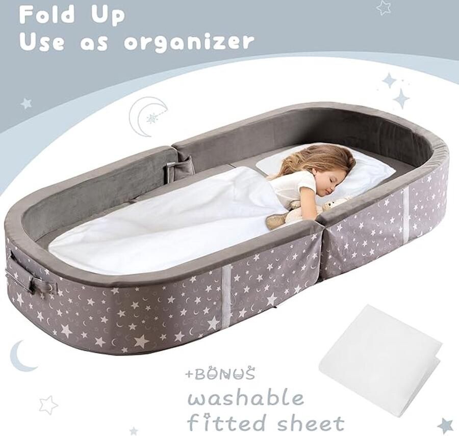 Draagbaar waterdicht kinderbed vloerbed peuters reisbed met matras wasbaar hoeslaken opvouwbaar reisbed voor camping diep grijs
