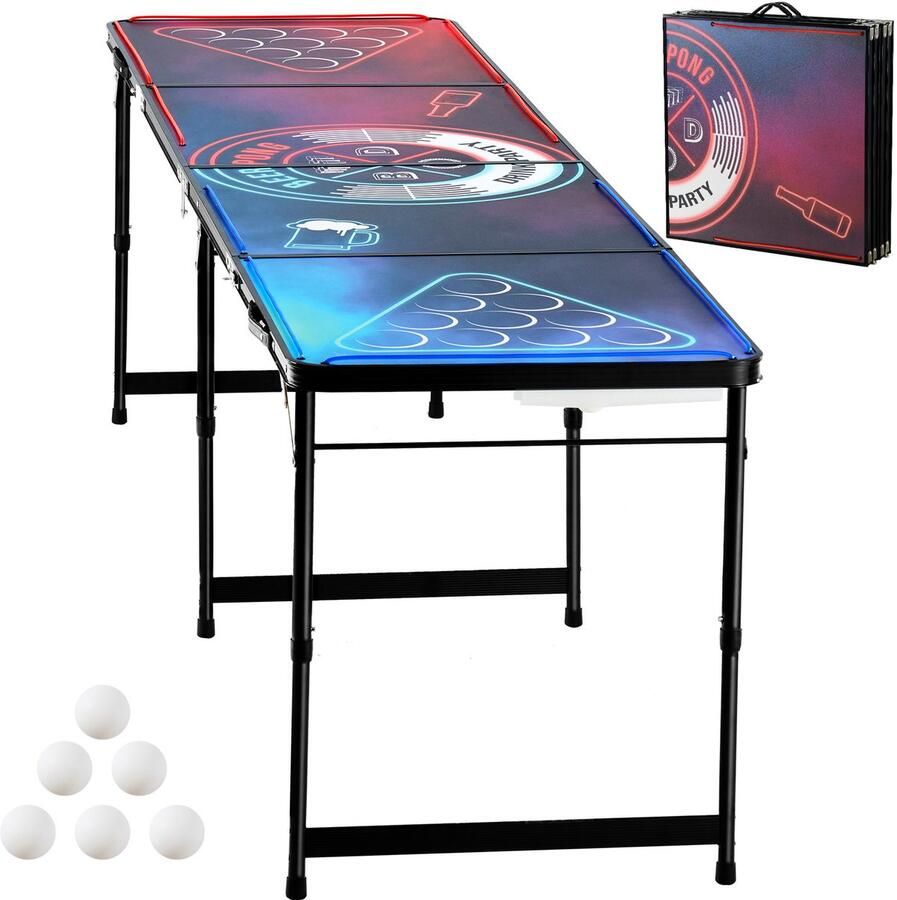 Draagbare Bierpongtafel 2 44 M Led-Verlichting Opvouwbaar Met Handgrepen En 6 Pongballen In Hoogte Verstelbaar Voor Kantoor Tailgate Party Reizen En Kamperen