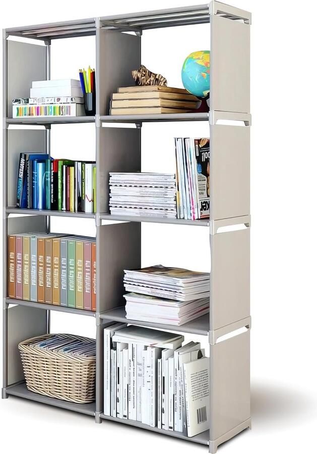 Grijze draagbare boekenkast met 8 kubusplanken Ruimteverdeler en steekrek Ideaal voor opslag Veelzijdig inzetbaar in huis en kantoor