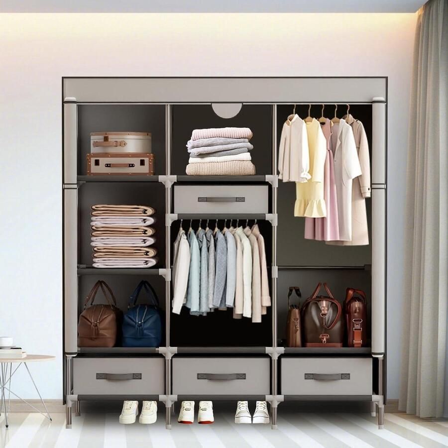 Draagbare Canvas Garderobe met 4 laden 125x45x170cm 19mm stevige kledingkast voor slaapkamer met redelijke opbergruimte