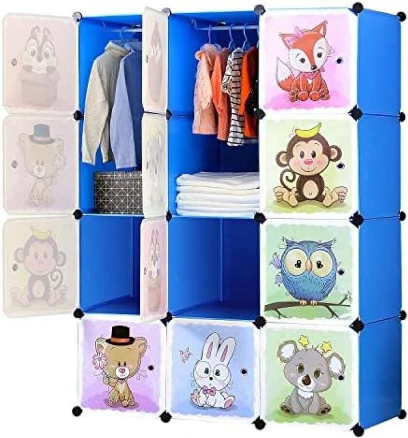 Draagbare Cartoon Kledingkast DIY Modulaire Opbergreganisator stevig en veilig voor kinderen 8 kubussen & 2 Opknoping Secties 110 x 47 x 147 cm