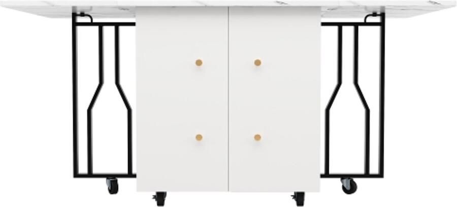 Draagbare eettafel opvouwbaar tafelblad geschikt voor eetkamer woonkamer verstelbare scheidingswanden groot opbergvak 6 wielen (2 vergrendelbaar) zwarte tafelpoten