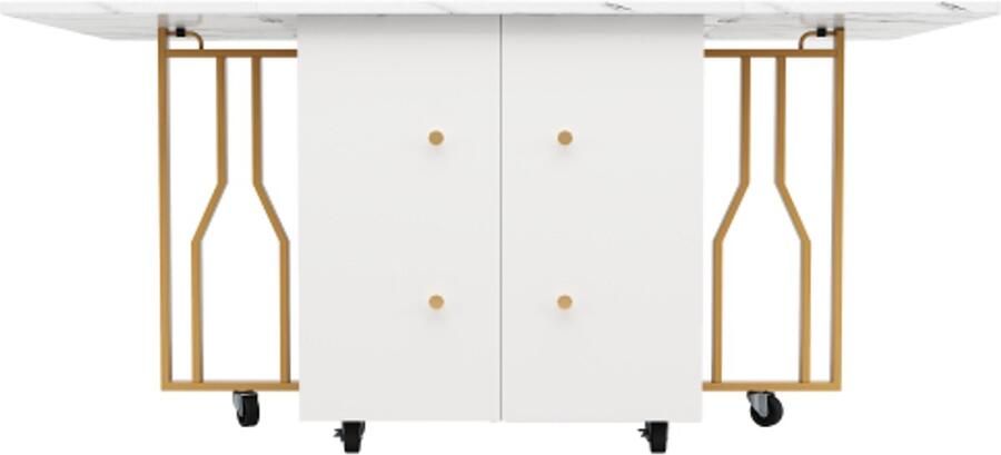 Draagbare eettafel opvouwbaar tafelblad geschikt voor eetkamer woonkamer verstelbare scheidingswanden grote opbergvakken 6 wielen (2 afsluitbaar) gouden tafelpoten