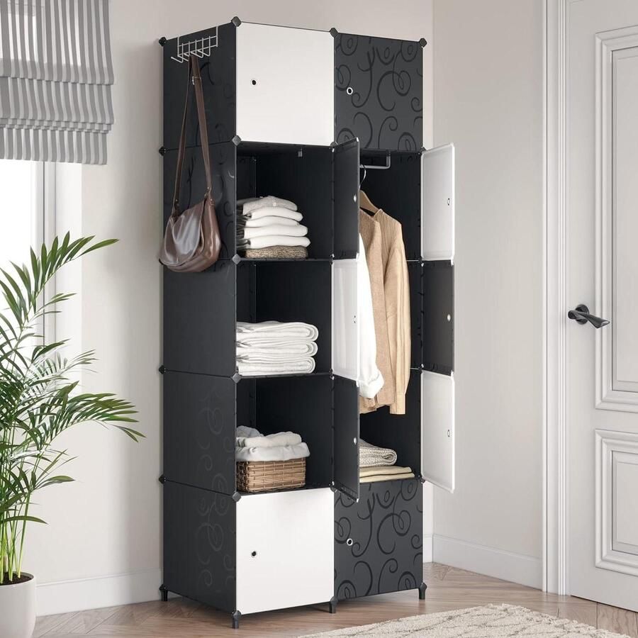 Draagbare Garderobekast met Deuren Opbergrek voor Kleding en Schoenen 10 Kubussen Zwart en Wit kledingkast