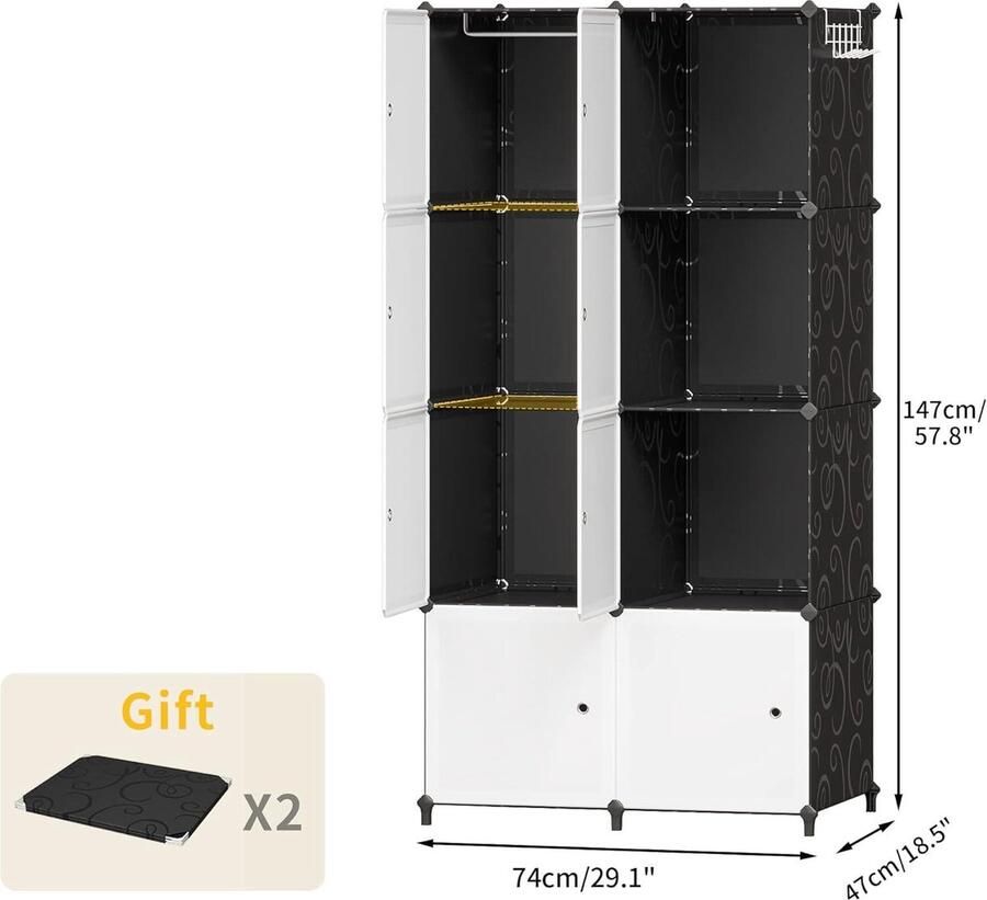 Draagbare garderobekast met deuren Opbergrek voor kleding schoenen en meer 8 kubussen zwart en wit Kledingkast