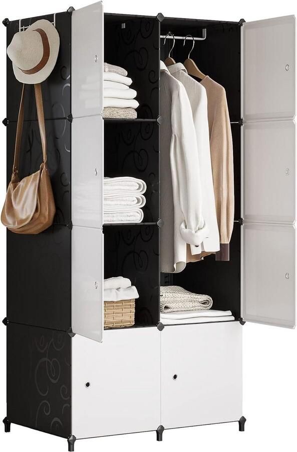 Kledingkast met vakken en zijvak stoffen kast garderobe met kledingstangen opslag voor kleding kledingrek kleedkamer slaapkamer (wijnrood) kledingkast - Foto 3