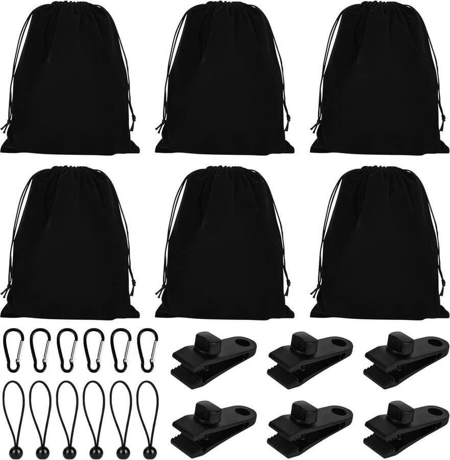 Draagbare gewichtstas voor gordijnen van buitententen gewichtstas voor tafelkleden 6 gewichtstassen 6 karabijnhaken 6 clips en 6 elastische touwen geschikt voor het bevestigen van tafelkleden en tenten