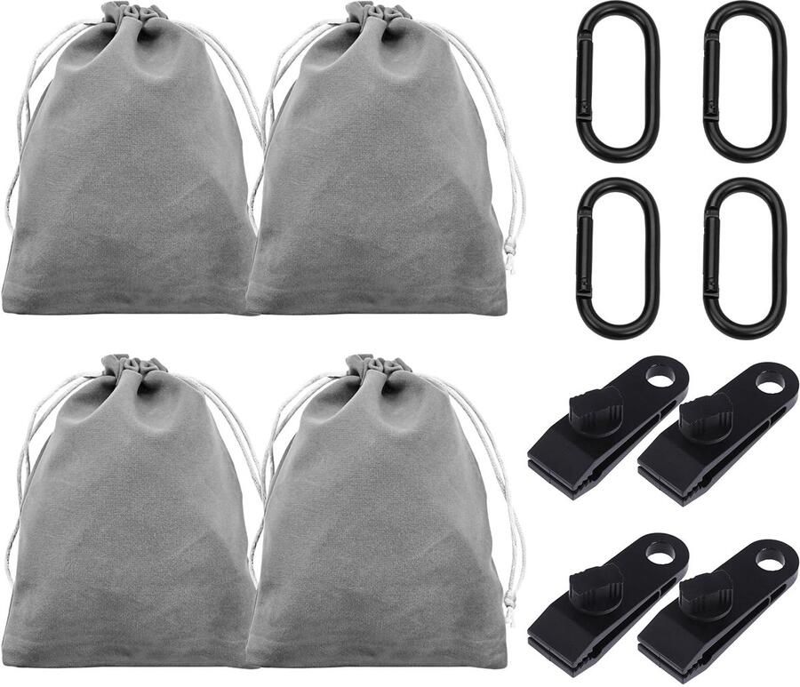 Draagbare gewichtstas voor gordijnen van een buitenprieel 4 gewichtstassen en 4 karabijnhaken 4 clips geschikt voor het bevestigen van buitengordijnen tenten tafelkleden enz. ter voorkoming van wind