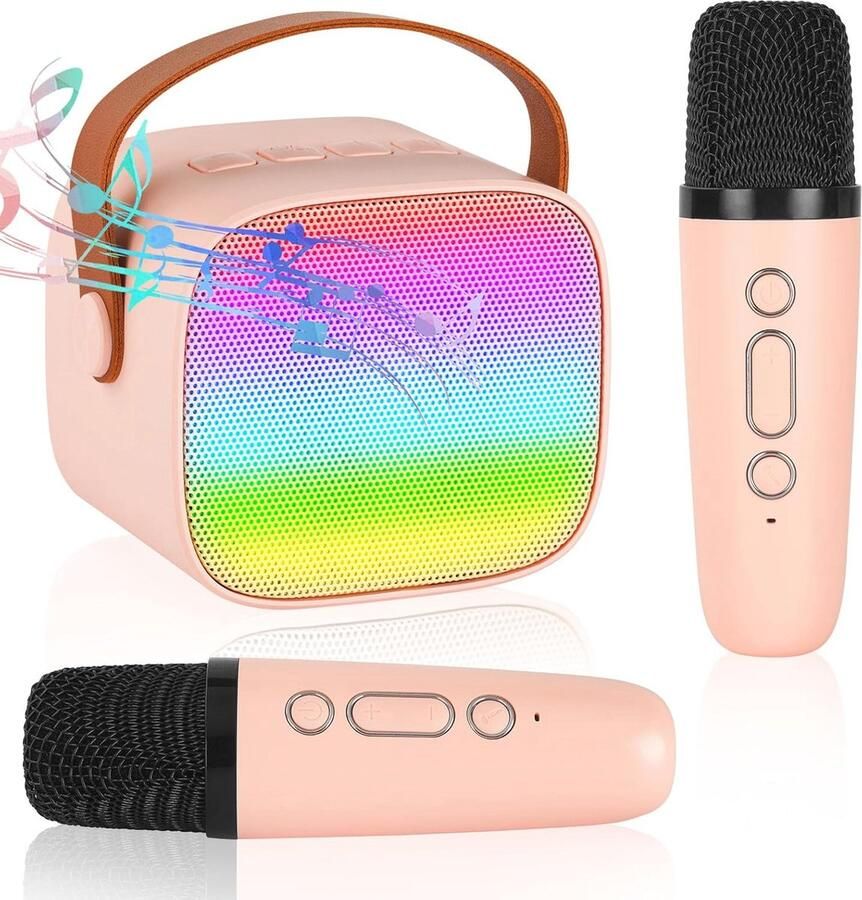 Draagbare Karaoke-machine met Draadloze Microfoons en LED-verlichting voor Kinderen en Volwassenen