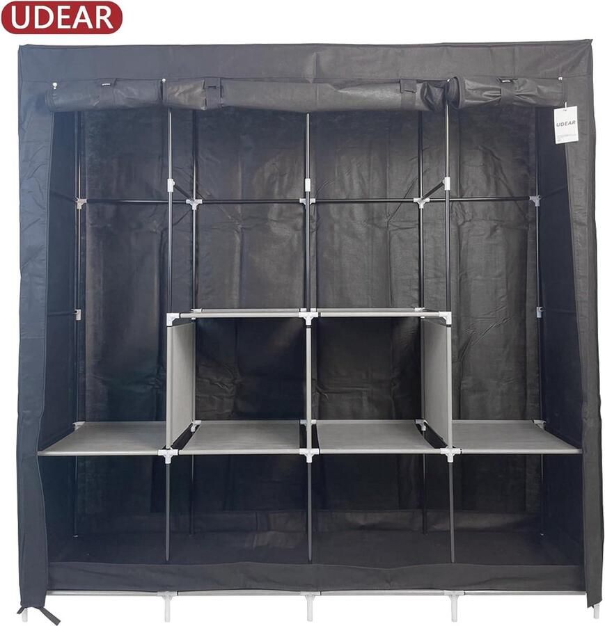 Draagbare Kast Grote Kledingkast met 6 Opbergplanken 4 Hangende Secties 4 Zijzakken Zwart Ruimtebesparende Kledingopslag Kledingkast - Foto 2