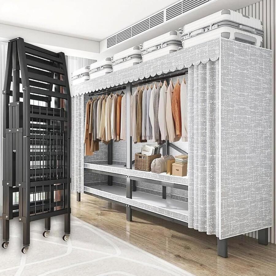 Draagbare Kasten Kledingrek met Wielen en 4 Planken voor Hangende Kleding