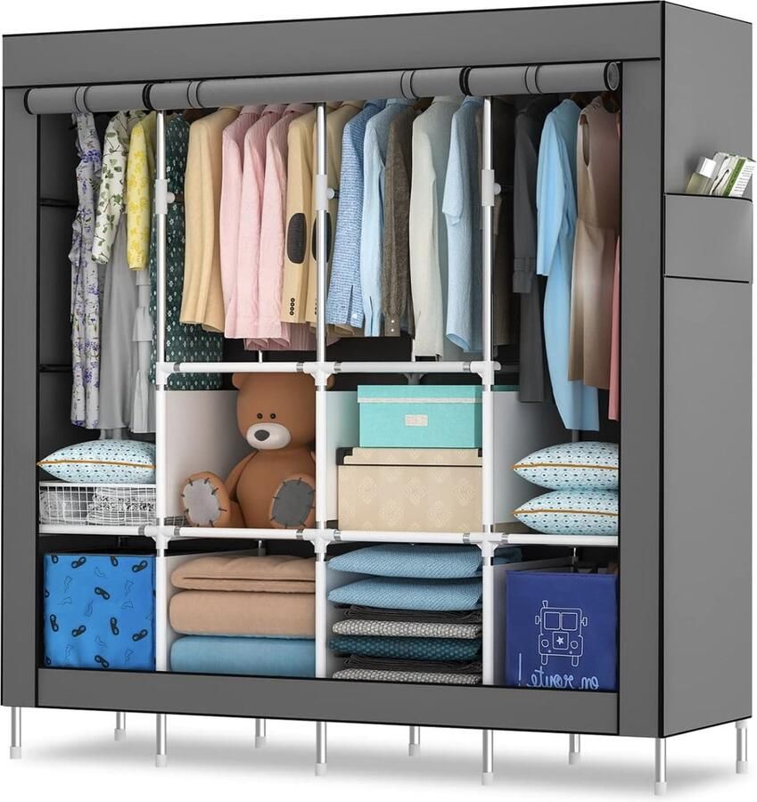 Draagbare kledingkast 170 cm kast voor het ophangen van kleding kledingrek van metaal vrijstaande kledingkast met Oxford-stoffen overtrek 165 cm x 170 cm x 45 cm (premium grijs plus maat)
