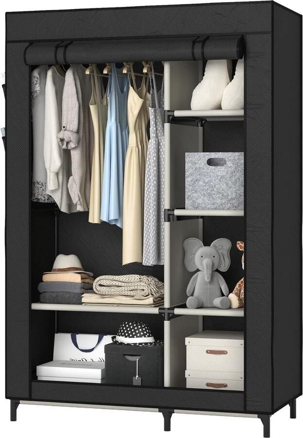 Draagbare kledingkast 6 planken en hangende rail niet-geweven stof eenvoudige montage zwart kledingkasten slaapkamer