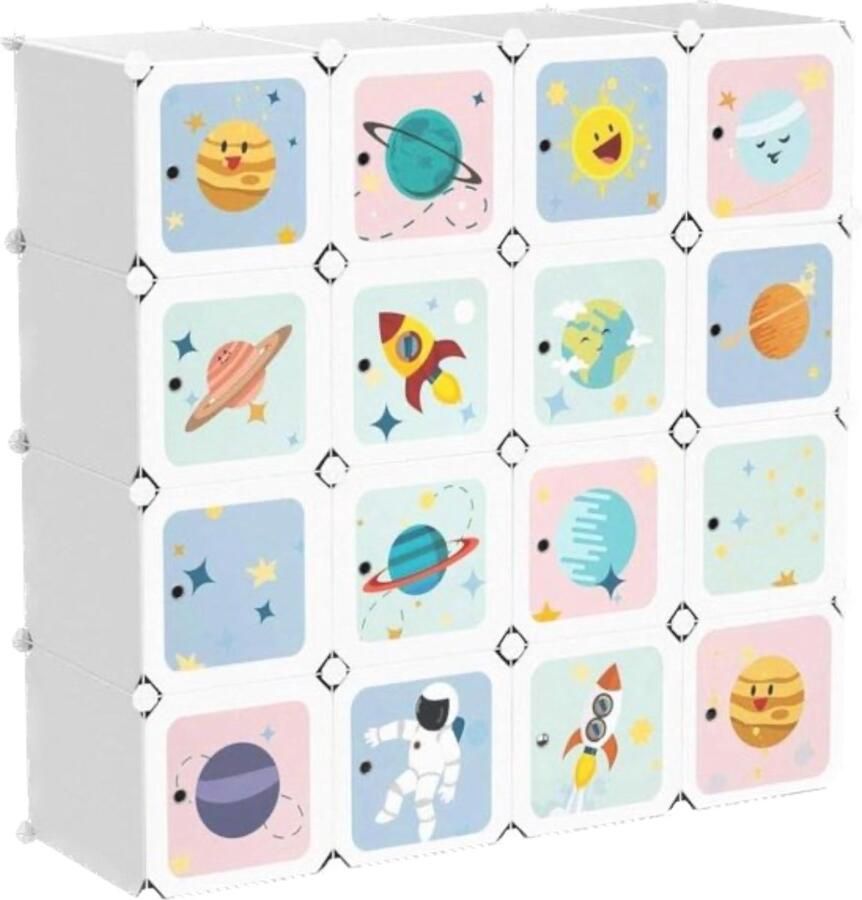 Draagbare kledingkast doe-het-zelf kledingkast om kleding op te hangen modulaire opbergorganizer 16 kubussen 4 hangende rails voor kinderen 123 x 41 x 123 cm wit Kledingkast