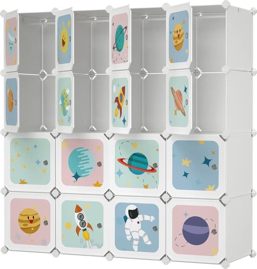 Draagbare kledingkast doe-het-zelf kledingkast om kleding op te hangen modulaire opbergorganizer voor kinderen met 16 kubussen 4 hangrails 123 x 41 x 123 cm wit kledingkast