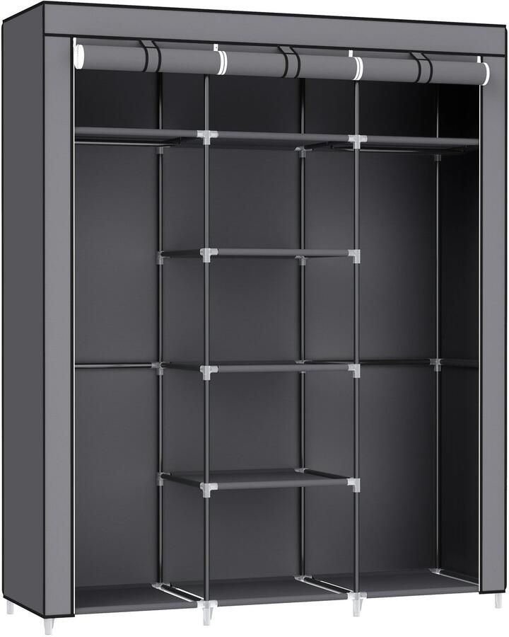 Jake Boss Life Tools Draagbare Kledingkast Garderobekast opvouwbaar Grijs 150x45x170 2 Hangende sectie 6 Legplanken