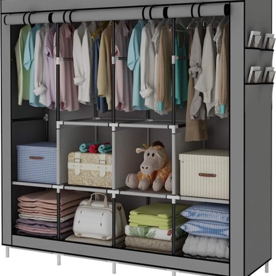 Draagbare kledingkast kledingrek kledingstandaard met 4 hangende rails grijs