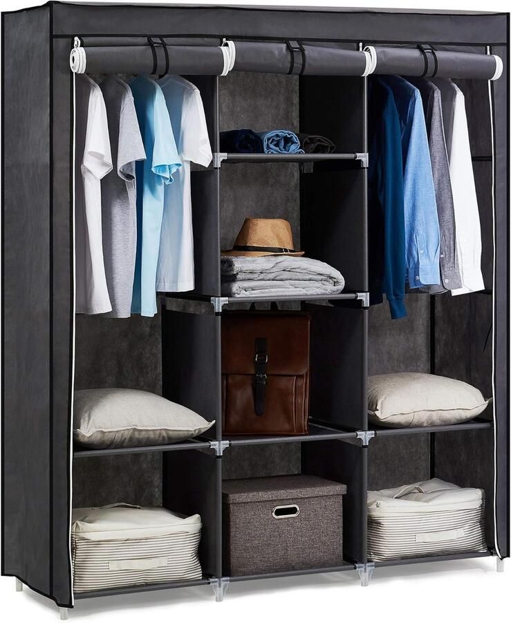 Draagbare Kledingkast met 2 Hangrails Ruime Opbergoplossing voor Woonkamer en Slaapkamer 175 x 150 x 45 cm Grijs
