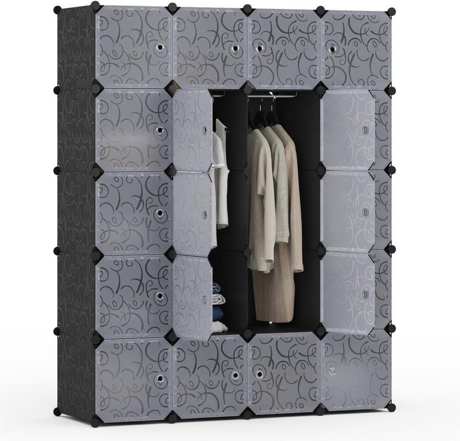 Opbergorganizer 3 hangende rails stapelbaar kubussen met deur voor slaapkamer kleding schoenen speelgoed zwart en wit 145 x 47 x 181 cm kledingkasten slaapkamer