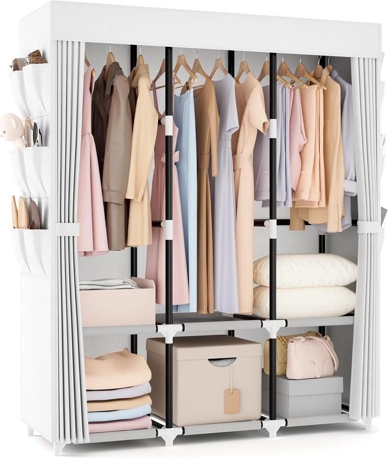 Draagbare kledingkast met 3 hangstangen en 6 opbergplanken