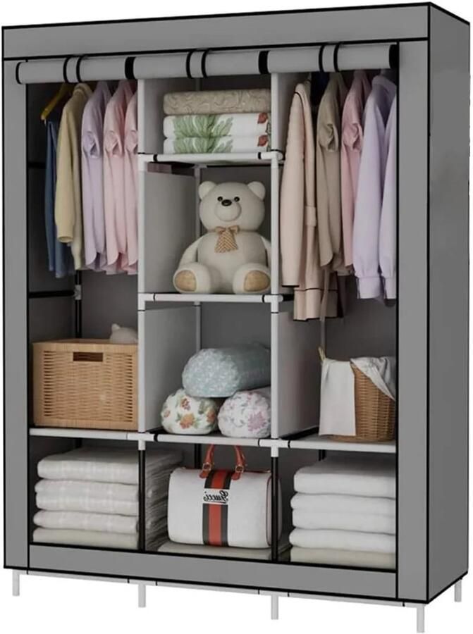 Draagbare Kledingkast met Opbergplanken 128x45x170 cm Niet-geweven Stof Zilvergrijs Gemakkelijk te Monteren