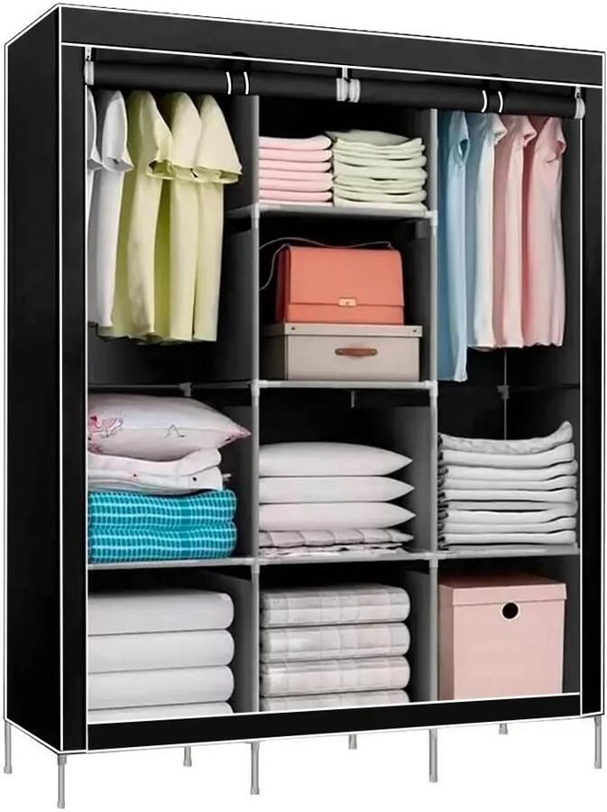 Draagbare Kledingkast met Opbergplanken 128x45x170 cm Niet-geweven Stof Zwart Gemakkelijk te Monteren