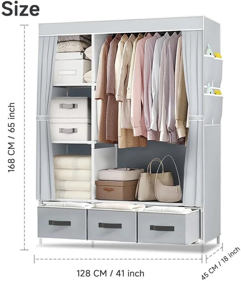 Draagbare Kledingkast met Planken Lades en Zijvakken – 128x45x165 cm – Grijs – Met Kledingroede – Waterdicht en Ademend