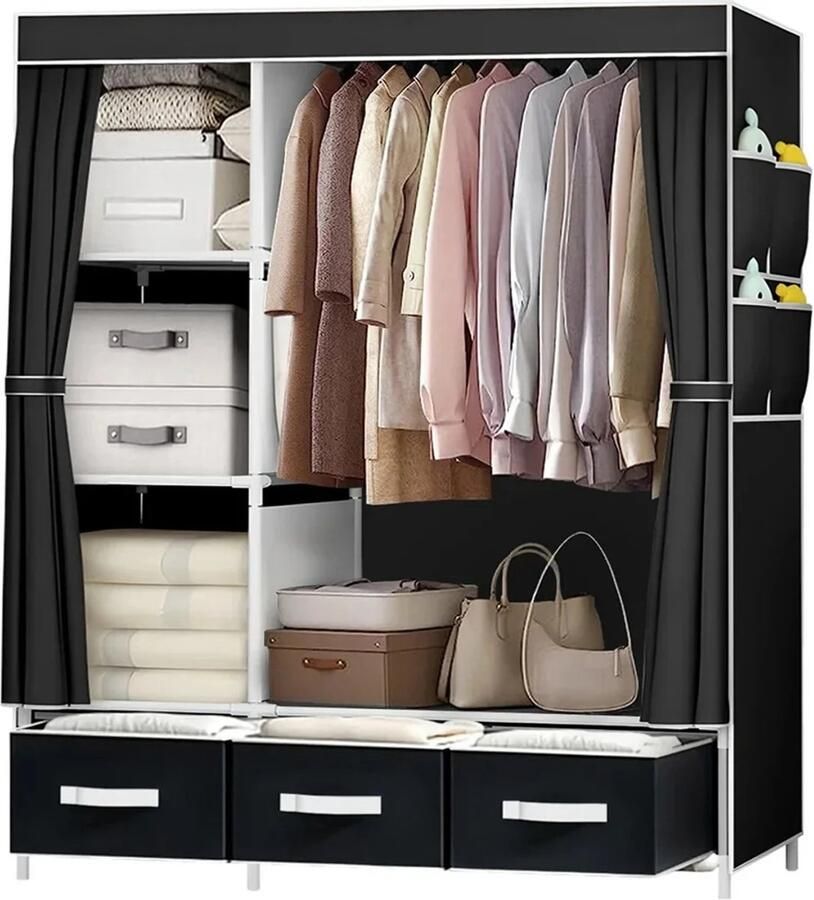 Draagbare Kledingkast met Planken Lades en Zijvakken – 128x45x165 cm – Zwart – Met Kledingroede – Waterdicht en Ademend