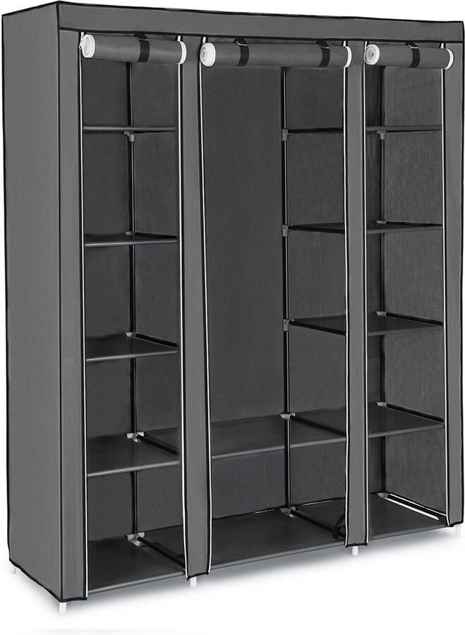 Draagbare kledingkast Opvouwbare garderobekast Kledingopberger met kledingroede legplanken stoffen hoes en 12 vakken in verschillende maten Geschikt voor slaapkamer en inloopkast 150 x 45 x 175 cm Grijs