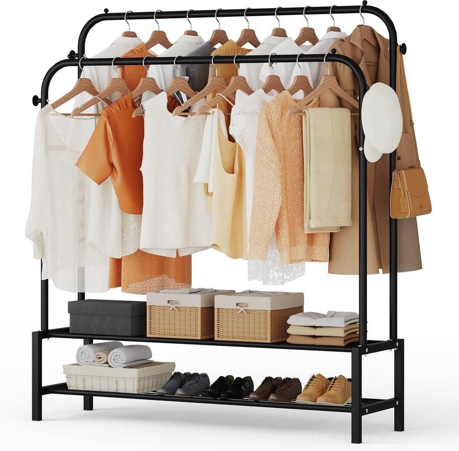 Draagbare kledingrek met dubbele stangen voor het ophangen van kleding 43 7 * 58 6 inch metalen kledingrek met bodemplanken en 4 haken zwart
