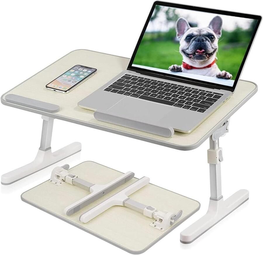 Draagbare laptopbedtafel voor ontbijt in hoogte en hoek verstelbaar opvouwbaar 55 x 34.5 cm natuurlijk hout