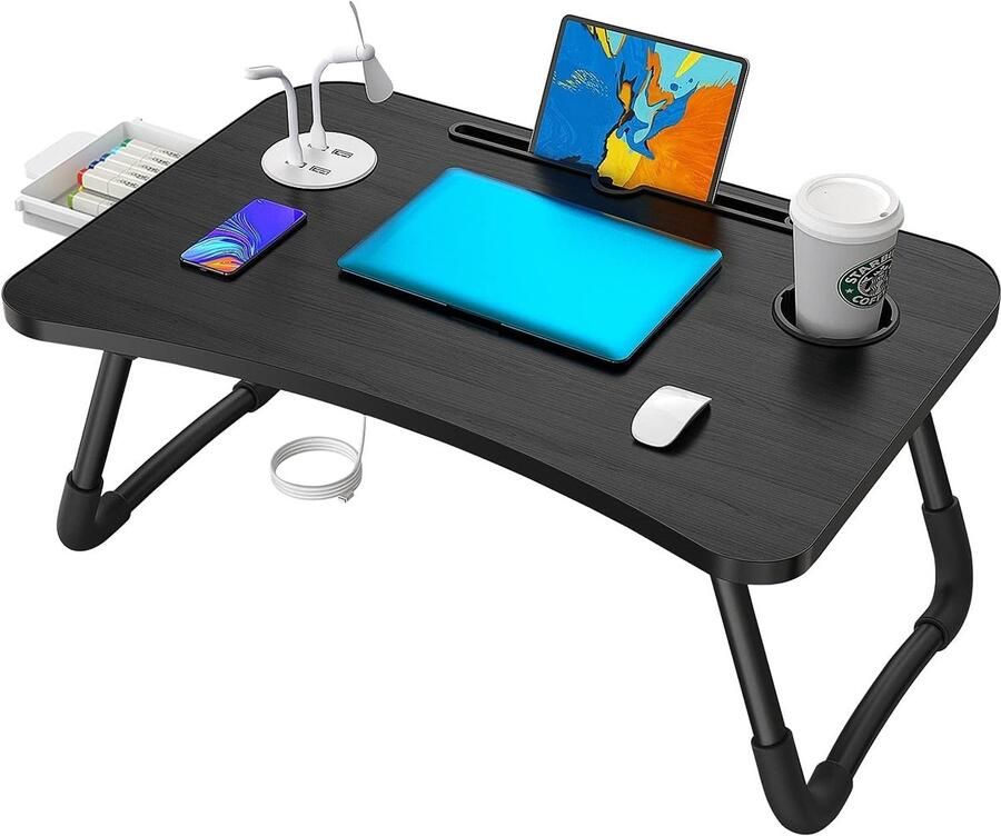 Draagbare Opvouwbare Laptoptafel Multifunctionele Bedtafel met USB en Bekergleuf Ideaal voor Thuiswerk en Ontspanning