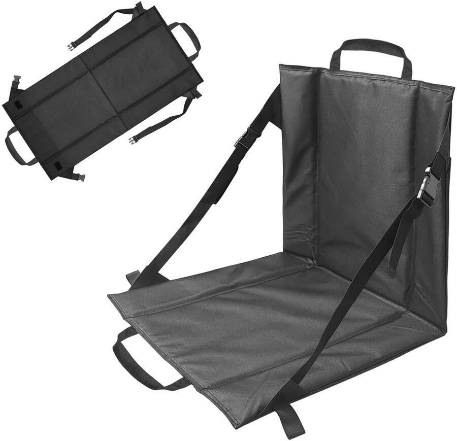 Draagbare opvouwbare zitkussenstoel Strandstoel met rugleuning Opvouwbaar stadionzitkussen met rugleuning Lichtgewicht stoel met rugleuning 41 * 41 cm Verstelbare banden Geschikt voor picknicks kamperen vissen muziekfestivals Zwart