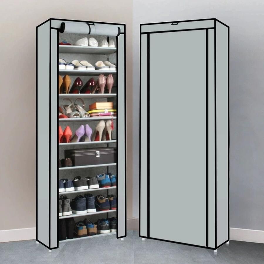 Draagbare Schoenenkast met 10 Lagen Stof Grijs 155x57x27 cm