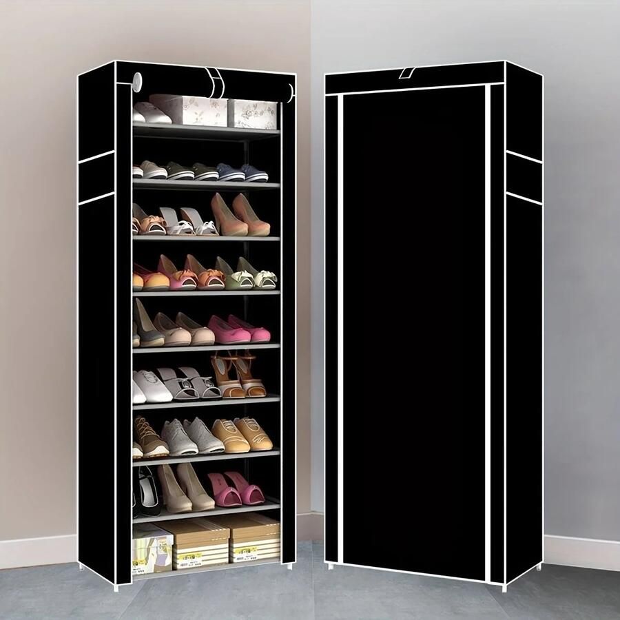Draagbare Schoenenkast met 10 Lagen Stof Zwart 155x57x27 cm