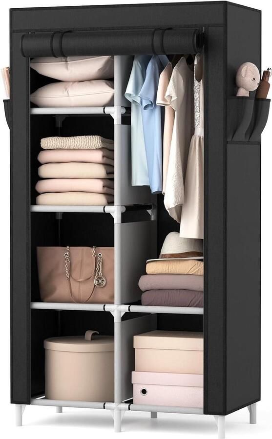 Draagbare stoffen kledingkast met kledingstang 6 planken en 4 zijvakken Inclusief overtrek Stabiel en geschikt voor slaapkamer en kleedkamer (zwart 84 x 42 x 162 cm)