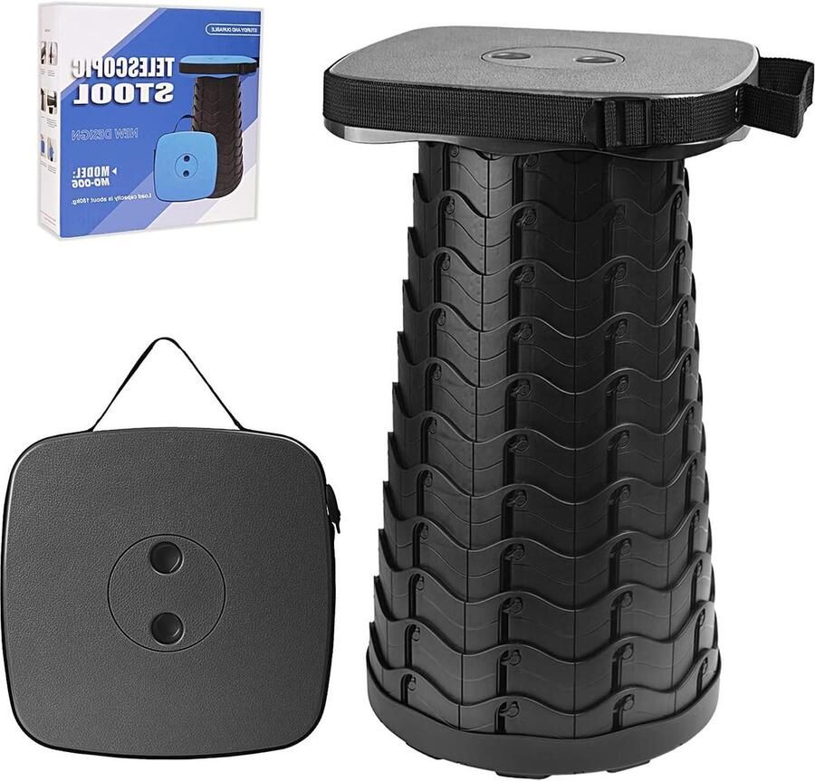 Draagbare telescopische kruk met grotere stoel compacte kampeerkruk voor volwassenen lichtgewicht en opvouwbaar zwart Kruk